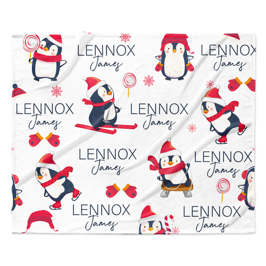 Happy Penguins Holiday Pattern Personalized Custom Name Fleece Blanket Minky