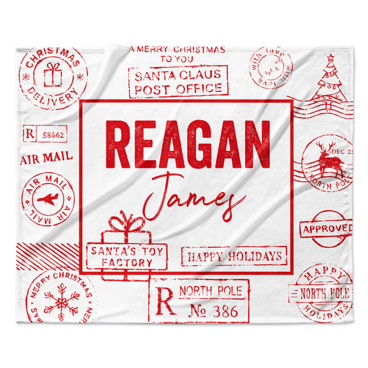 Santa Stamp Personalized Custom Name Fleece Blanket Minky