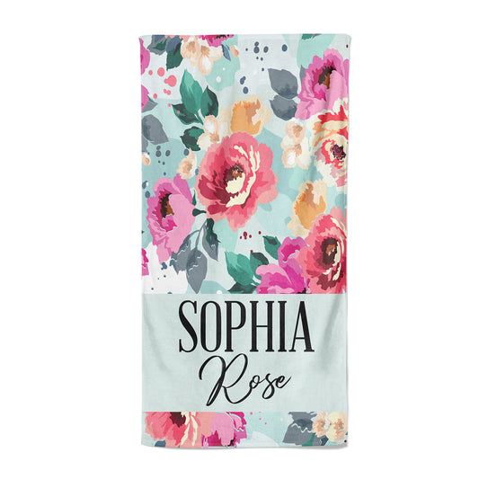 Teal Floral Print Personalized Beach Towel