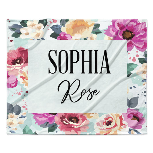 Blue Painted Floral Personalized Custom Name Fleece Blanket Minky
