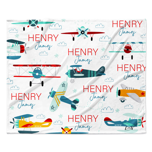 Airplane Pattern Personalized Custom Name Fleece Blanket Minky