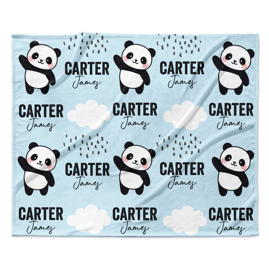 Blue Panda Bears Pattern Personalized Custom Name Fleece Blanket Minky