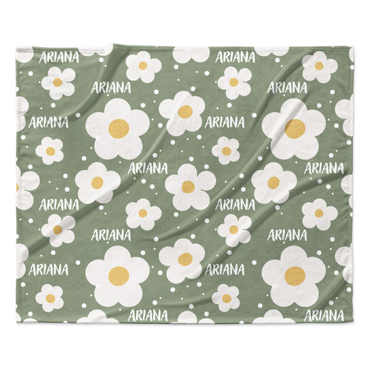 Green Retro Floral Print Personalized Custom Name Fleece Blanket Minky