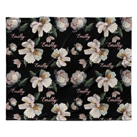Black Blush Floral Pattern Print Personalized Custom Name Fleece Blanket Minky